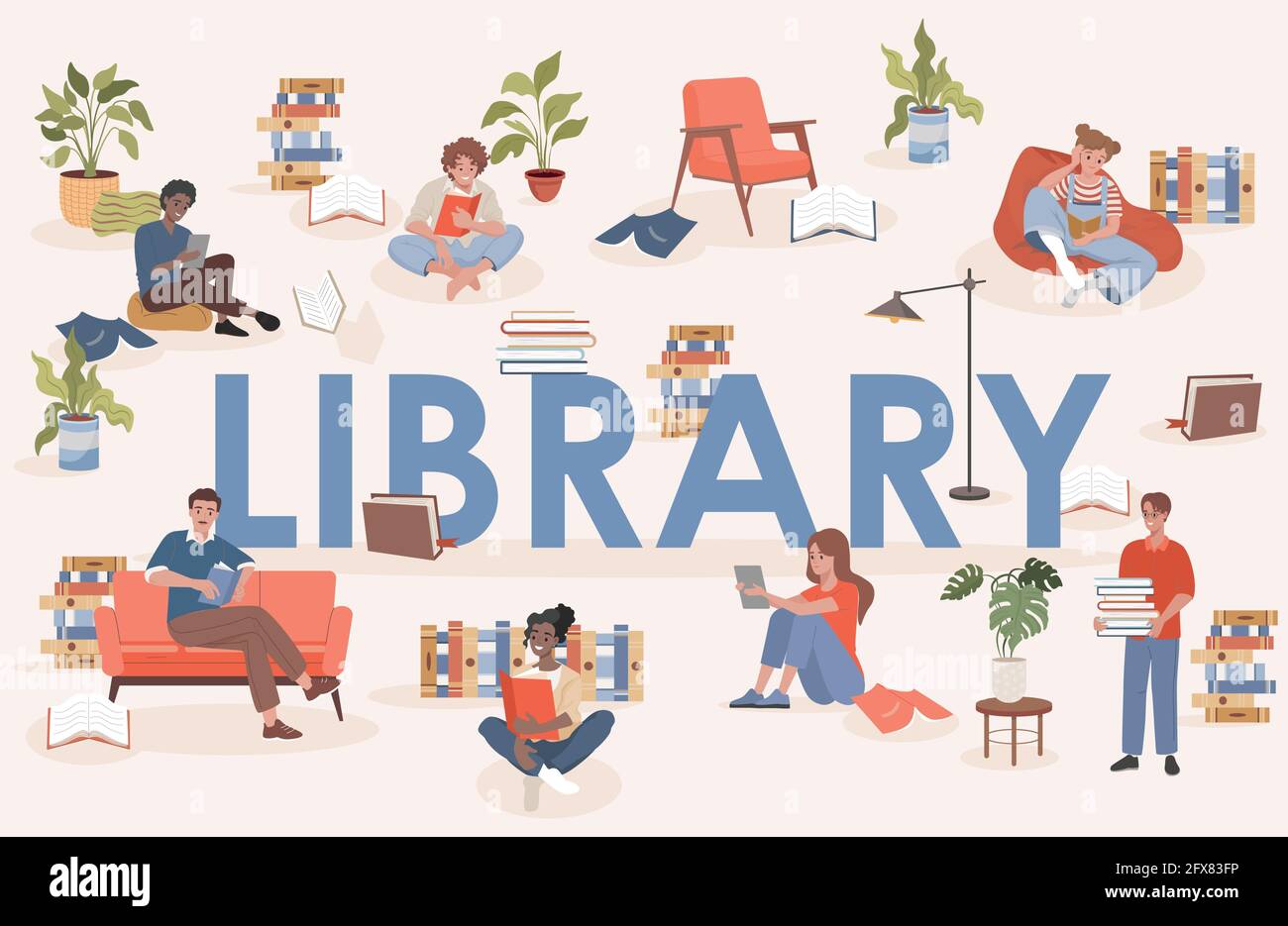 Bibliothek Wort Vektor flach Poster Design mit Textraum. Glücklich lächelnde Menschen sitzen in bequemen Posen und studieren, arbeiten und Bücher lesen. Männer und Frauen lernen, lesen Literatur. Stock Vektor