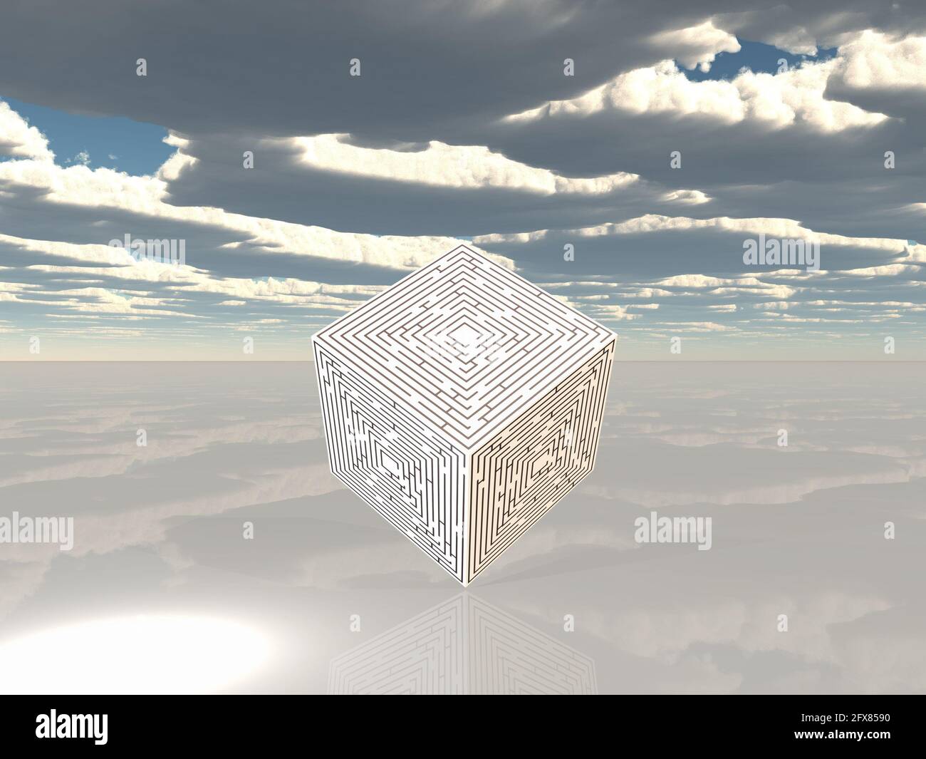 Der Maze Cube schwebt in einer leeren Landschaft. 3D-Rendering. Stockfoto