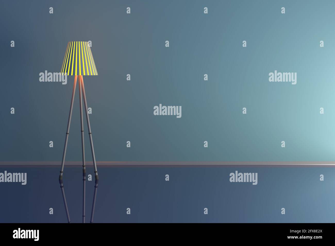 3D-Darstellung einer Lampe in einem blauen Zimmer. Stockfoto