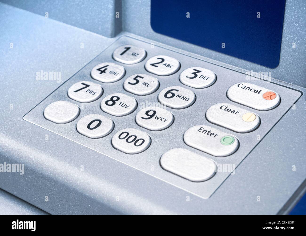 Geldautomat, PIN-Pad, Tastaturdetails, Objekt aus der Nähe, niemand. Tastenfeld, Zifferntastatur an einem modernen geldautomaten aus nächster Nähe. Geld abheben, Geld verdienen, ein Stockfoto
