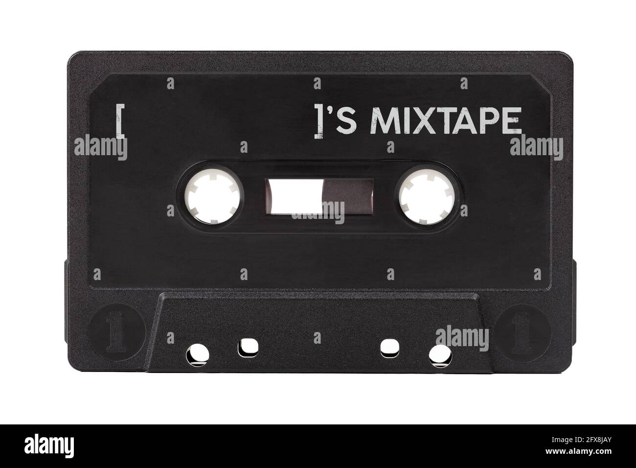 Leere schwarze leere Audiokassette eigenes persönliches Mixtape, personalisierte Medien-Wiedergabeliste, Musik-dj-Mix-Tape-Konzept, Objekt auf Weiß isoliert, ausgeschnitten. Plac Stockfoto