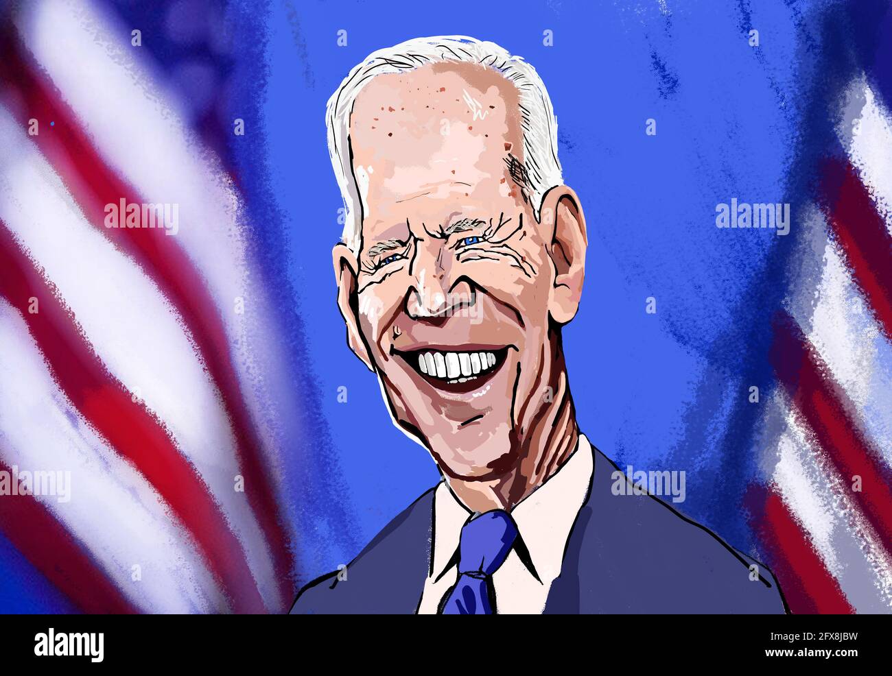 25. Mai 2021: Karikatur von Joe Biden in Stift-Marker und Pastellmalerei, der Präsident der Vereinigten Staaten von Amerika vor Bars und Sternen U Stockfoto