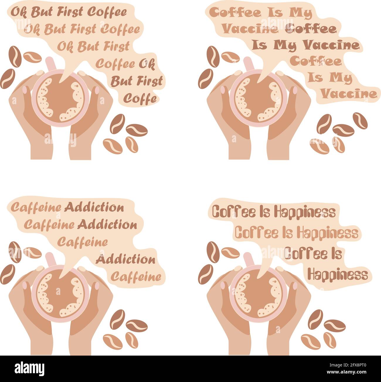 Feine Schriftzüge mit lustigen Kaffee-Zitaten, die um Tasse und zeichnen Hände in flachem Stil mit organischen Farben Stock Vektor