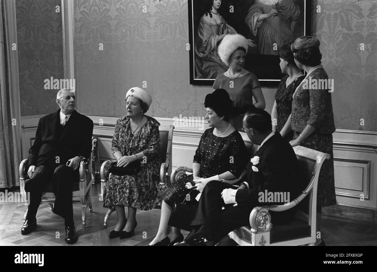 Besuch von Präsident De Gaulle in den Niederlanden. In Huis ten Bosch für die, 16. März 1963, Besuche, Mittagessen, Niederlande, 20. Jahrhundert Presseagentur Foto, Nachrichten zu erinnern, Dokumentarfilm, historische Fotografie 1945-1990, visuelle Geschichten, Menschliche Geschichte des zwanzigsten Jahrhunderts, Momente in der Zeit festzuhalten Stockfoto