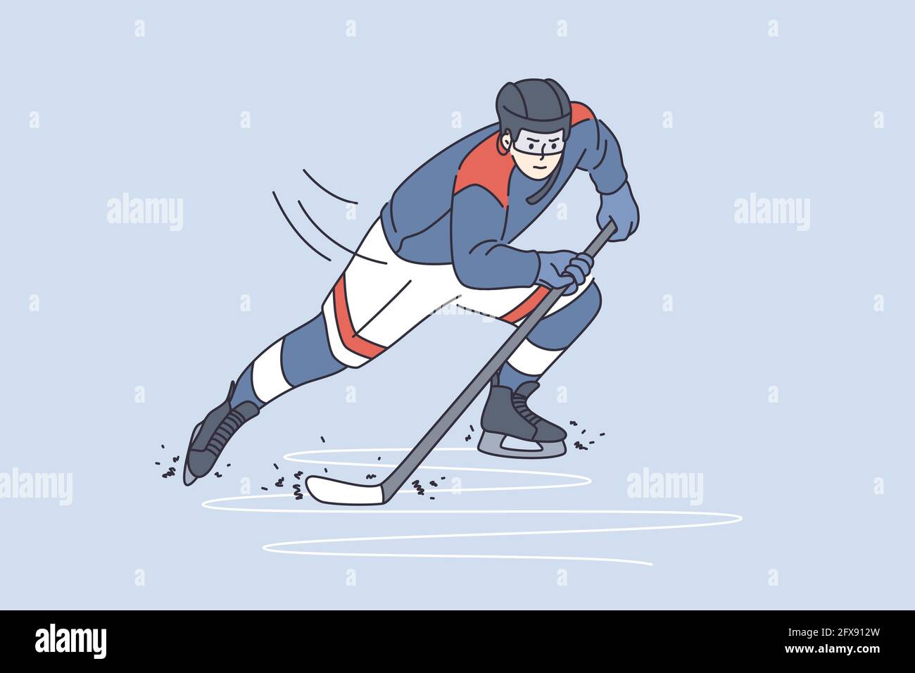 Professionelles Sport- und Lifestyle-Konzept. Junger Mann Eishockey-Spieler Zeichentrickfigur gleiten auf Eis mit Stick in Sport Uniform Vektor-Illustration Stock Vektor