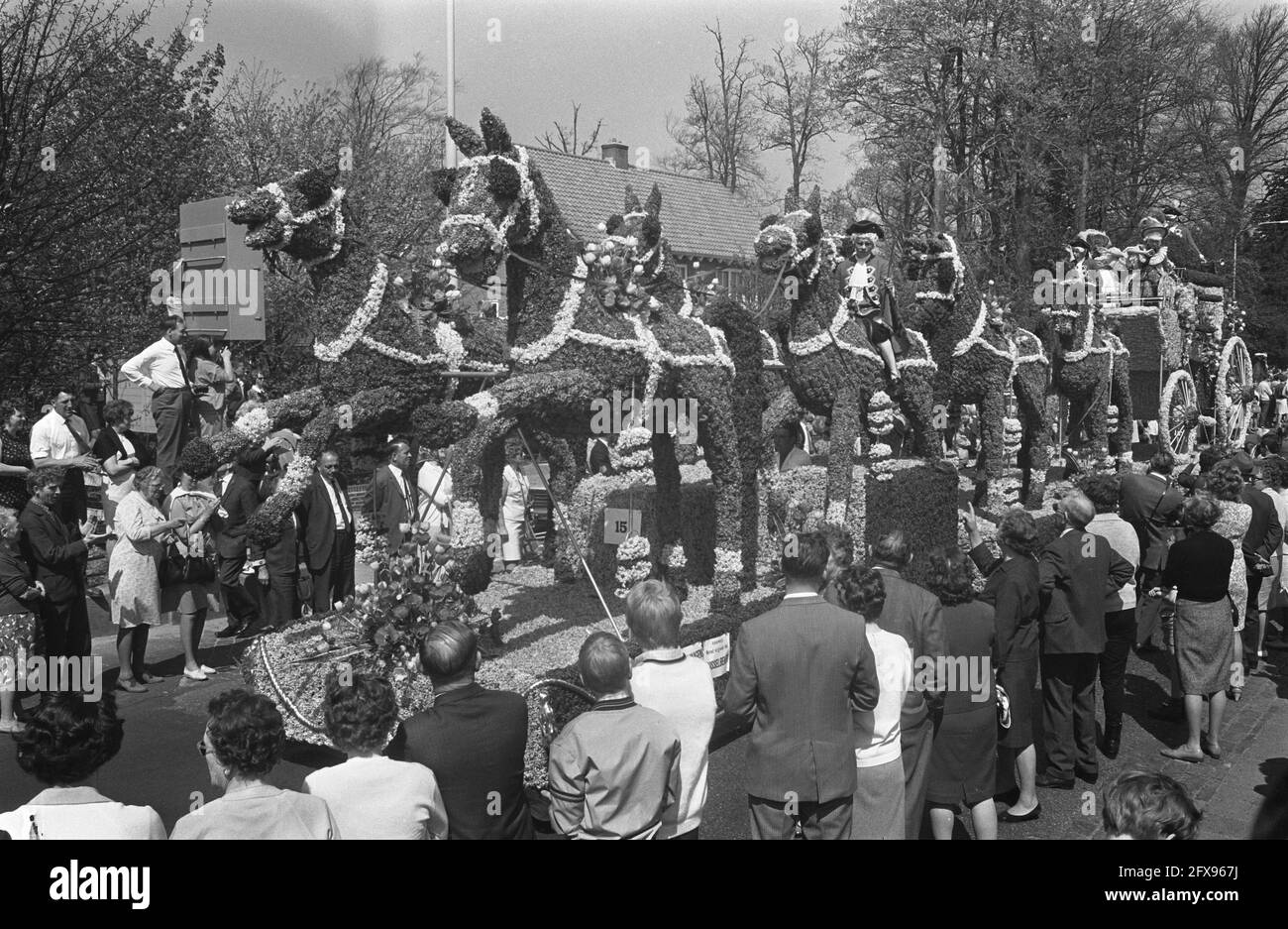 Bloemencorso, einer der Schwimmer Koets (Kutsche) gezogen von acht Pferden, 27. April 1968, BLOEMENCORSO, PRAALWAGENS, Niederlande, Presseagentur des 20. Jahrhunderts, Foto, Nachrichten zum erinnern, Dokumentarfilm, historische Fotografie 1945-1990, visuelle Geschichten, Menschliche Geschichte des zwanzigsten Jahrhunderts, Momente in der Zeit festzuhalten Stockfoto