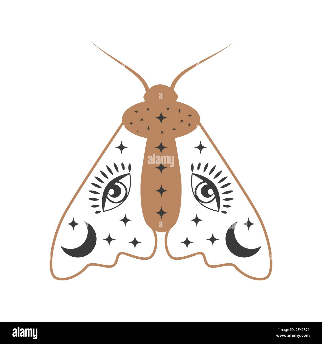 Esoterische Symbole. Mystisches und magisches Design mit Kristallen, Sonne, Sternen, Totenkopf und Mond. Stock Vektor