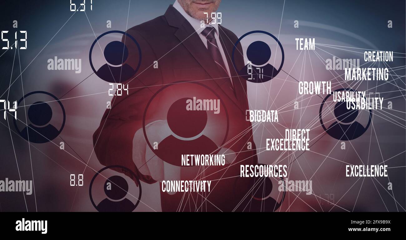 Komposition von Geschäftsmann berühren interaktiven Bildschirm mit Symbolen und Text Stockfoto