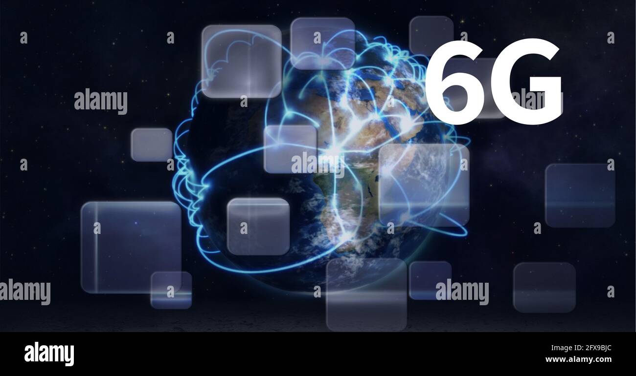 Komposition von 6 g Text und mehreren Bildschirmen auf der ganzen Welt mit Netzwerk von Verbindungen im Hintergrund Stockfoto