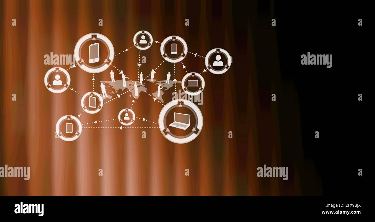 Zusammensetzung des Netzwerks von Geschäftssymbolen auf der Weltkarte Gestreifter Hintergrund Stockfoto