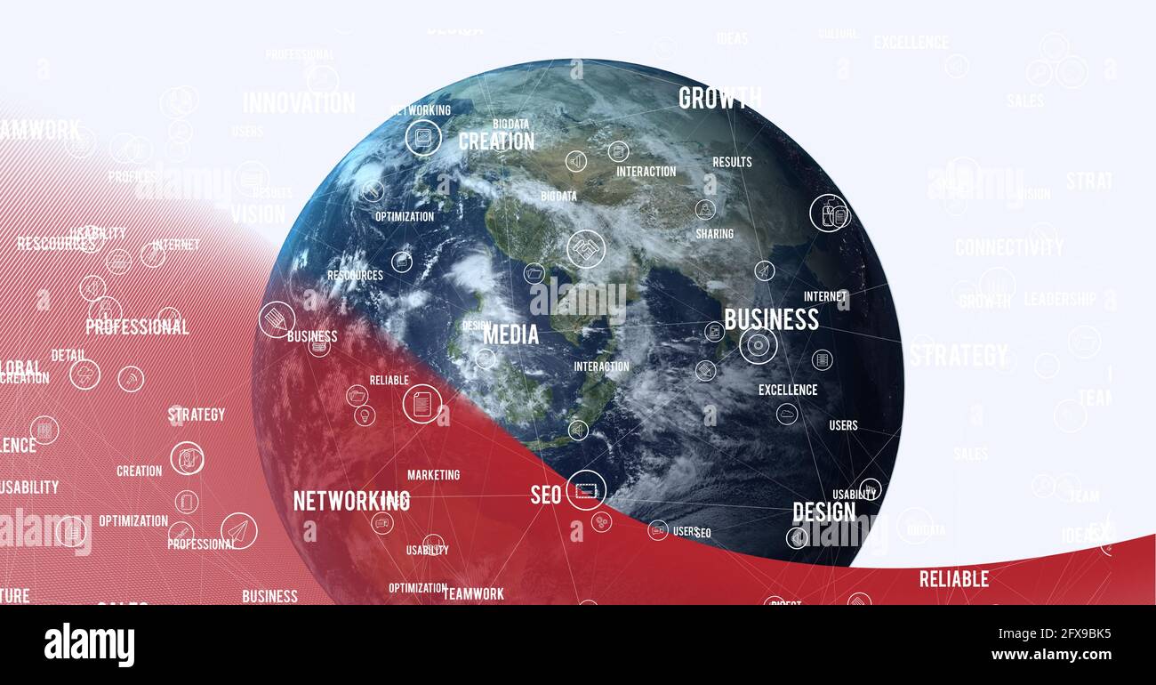 Komposition von Globus mit Geschäftstext und Symbolen auf Weiß Und rotem Hintergrund Stockfoto