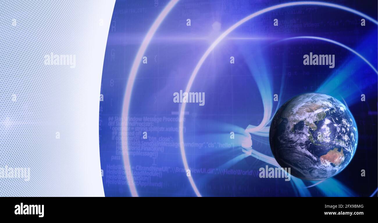 Komposition von Globus mit leichten Pfaden-Verbindungen auf blau und Weißer Hintergrund Stockfoto