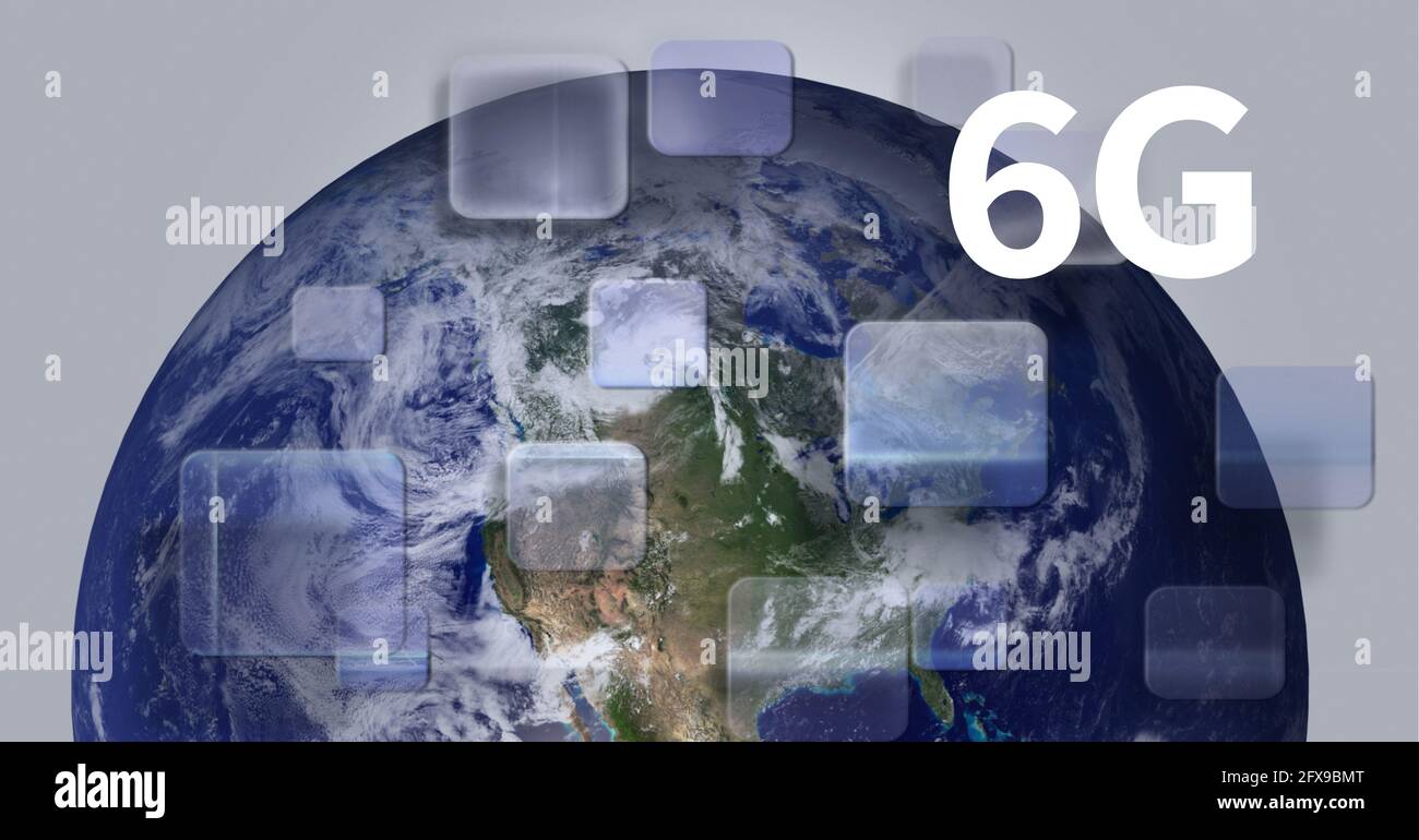 Komposition von 6 g Text und mehreren Bildschirmen über den Globus in Hintergrund Stockfoto