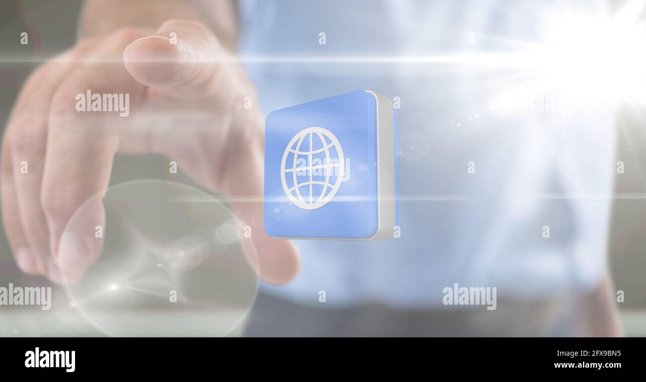 Komposition von Geschäftsmann berühren Bildschirm mit digitalen Globus-Symbol Stockfoto
