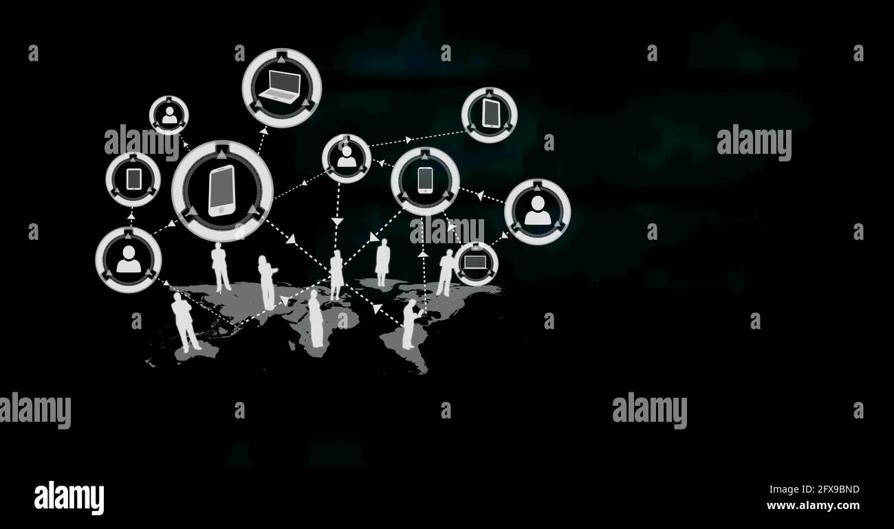 Zusammensetzung des Netzwerks von Geschäftssymbolen auf der Weltkarte Schwarzer Hintergrund Stockfoto