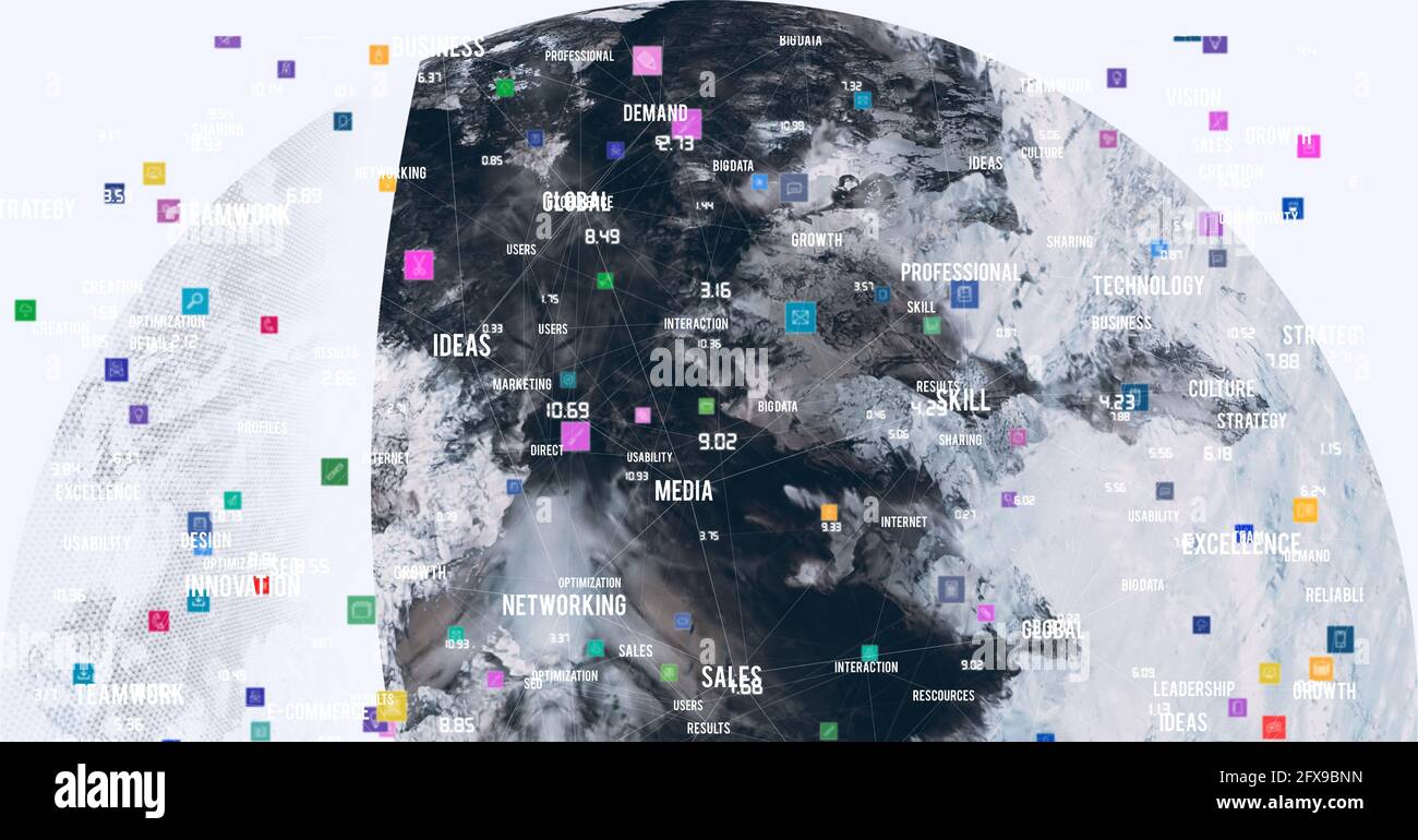 Komposition von Globus mit Geschäftstext und Symbolen auf Weiß Hintergrund Stockfoto