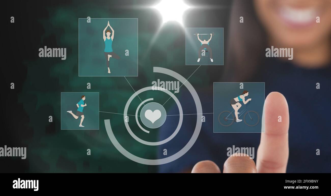 Komposition einer lächelnden Geschäftsfrau, die den Bildschirm mit digitalen Sportsymbolen berührt Stockfoto