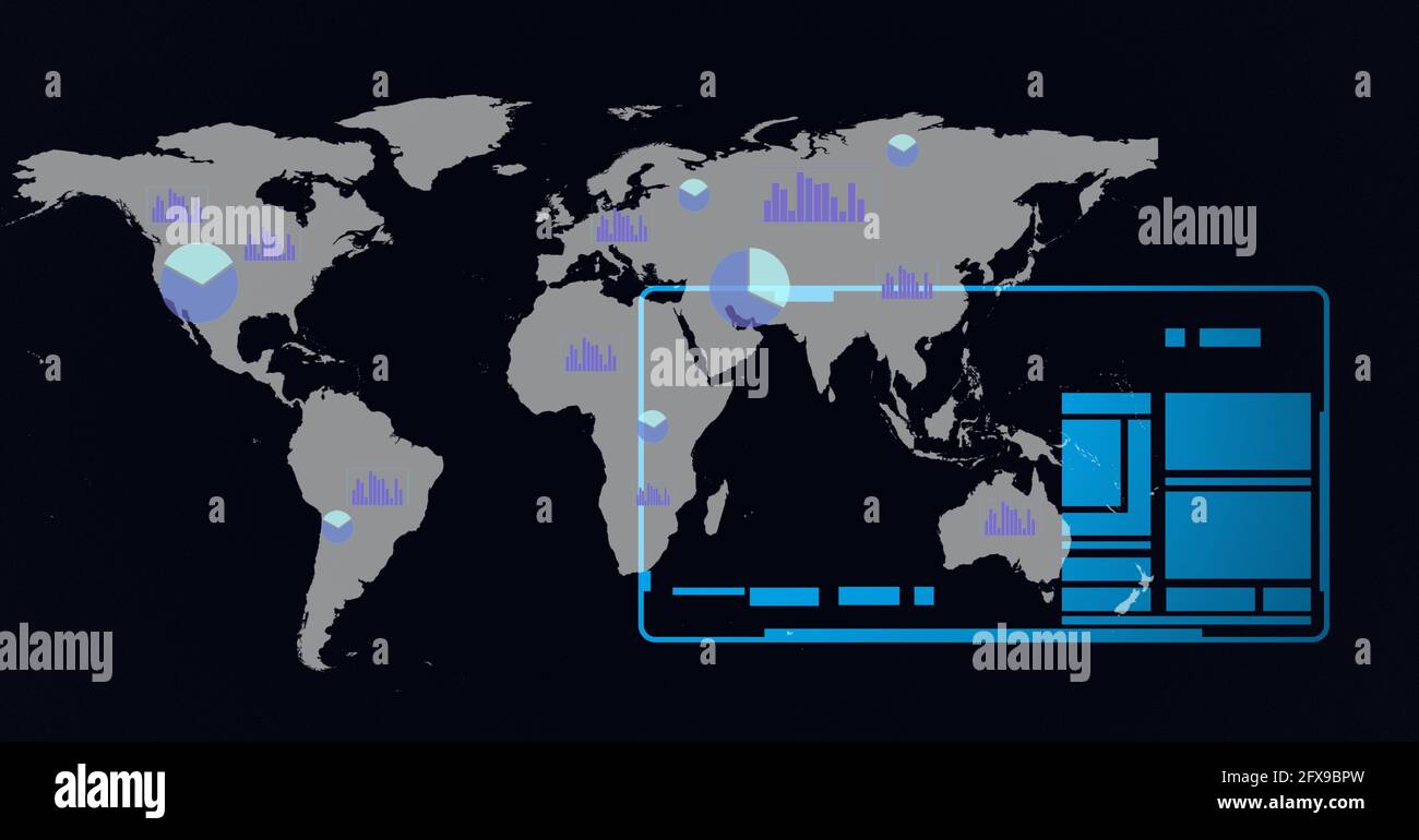 Zusammensetzung des digitalen Bildschirms und der Statistiken über Weltkarte Stockfoto