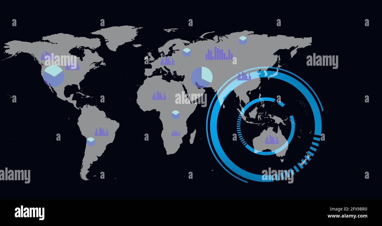 Zusammenstellung von Scope-Scanning und Statistiken über Weltkarte Stockfoto
