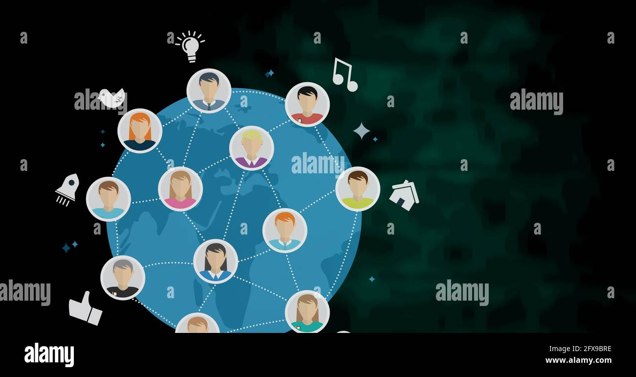 Zusammensetzung des Netzwerks von Geschäftsikonen auf der ganzen Welt auf Schwarz Hintergrund Stockfoto