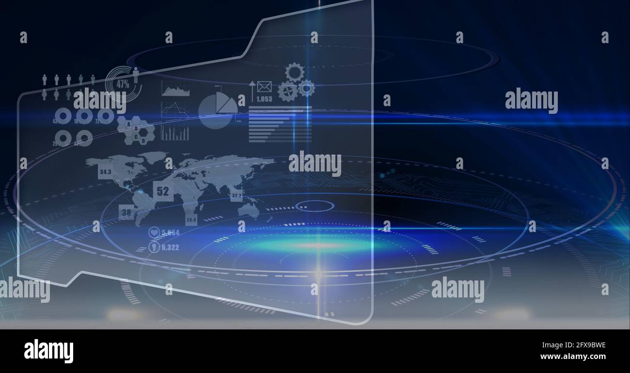 Zusammensetzung der Weltkarte und wissenschaftliche Datenverarbeitung auf dem Bildschirm Stockfoto