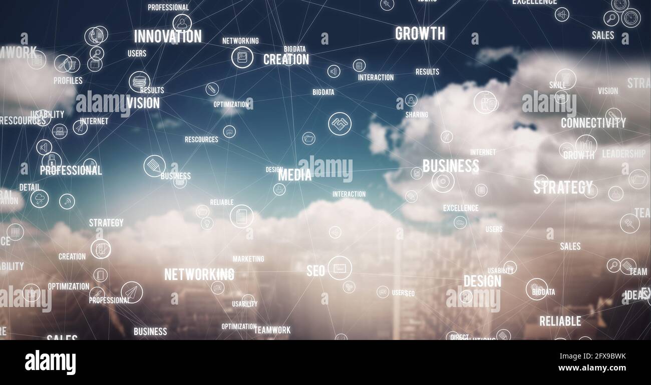 Zusammensetzung des Geschäftstextes mit einem Netzwerk von Verbindungen in der Cloud Hintergrund Stockfoto