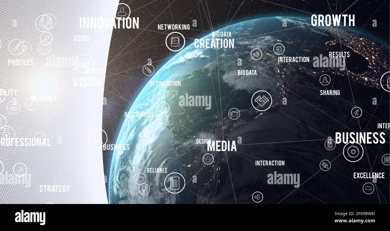 Zusammensetzung von Geschäftstexten mit einem Netzwerk von Verbindungen auf der ganzen Welt Im Hintergrund Stockfoto
