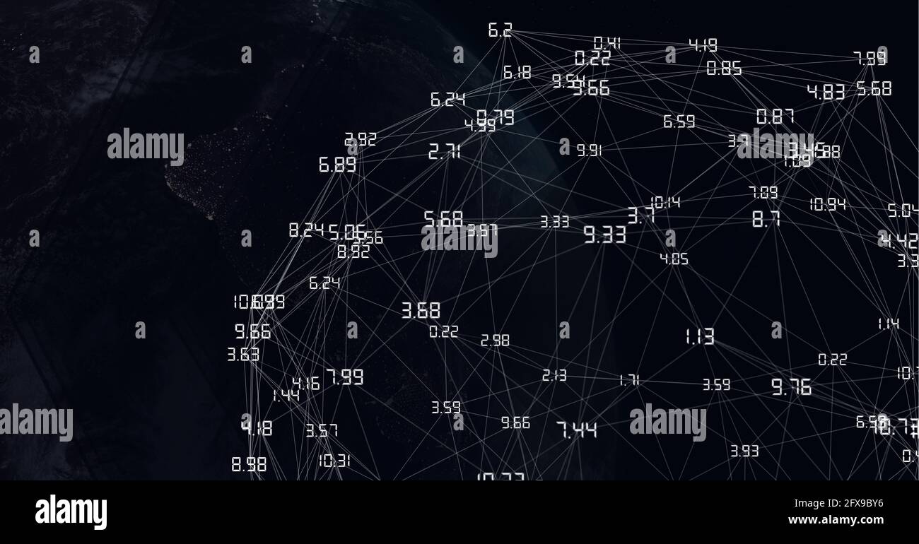 Zusammensetzung der Zahlen mit Netzwerk von Verbindungen auf schwarzem Hintergrund Stockfoto