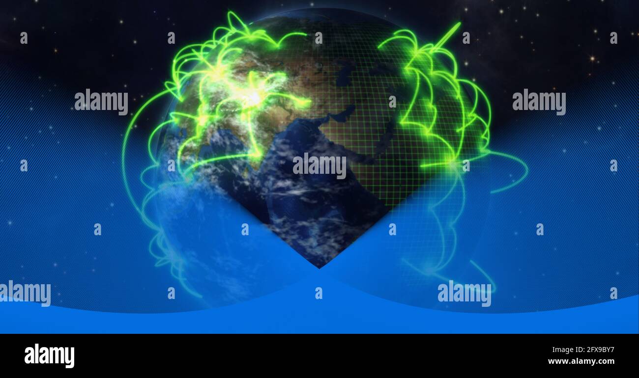 Zusammensetzung des Globus mit einem Netzwerk von leuchtenden Verbindungen in der Nacht Himmel im Hintergrund Stockfoto