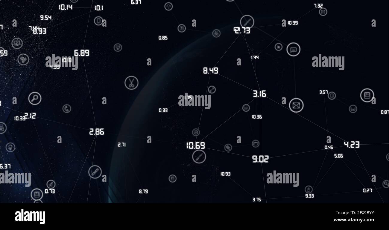 Zusammensetzung der Zahlen mit Netzwerk von Verbindungen über den Globus auf Schwarzer Hintergrund Stockfoto