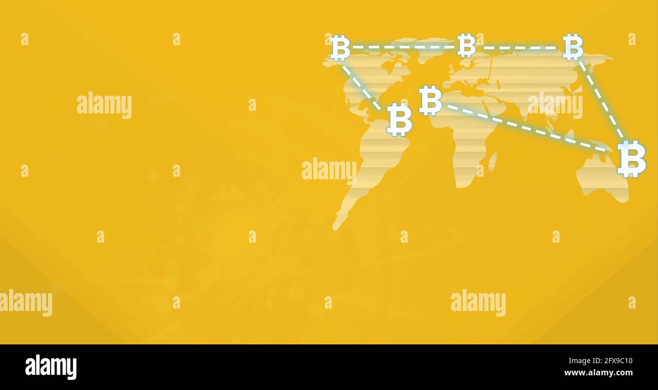 Zusammensetzung von Bitcoin-Symbolen über Verbindungen und Weltkarte auf Gelber Hintergrund Stockfoto