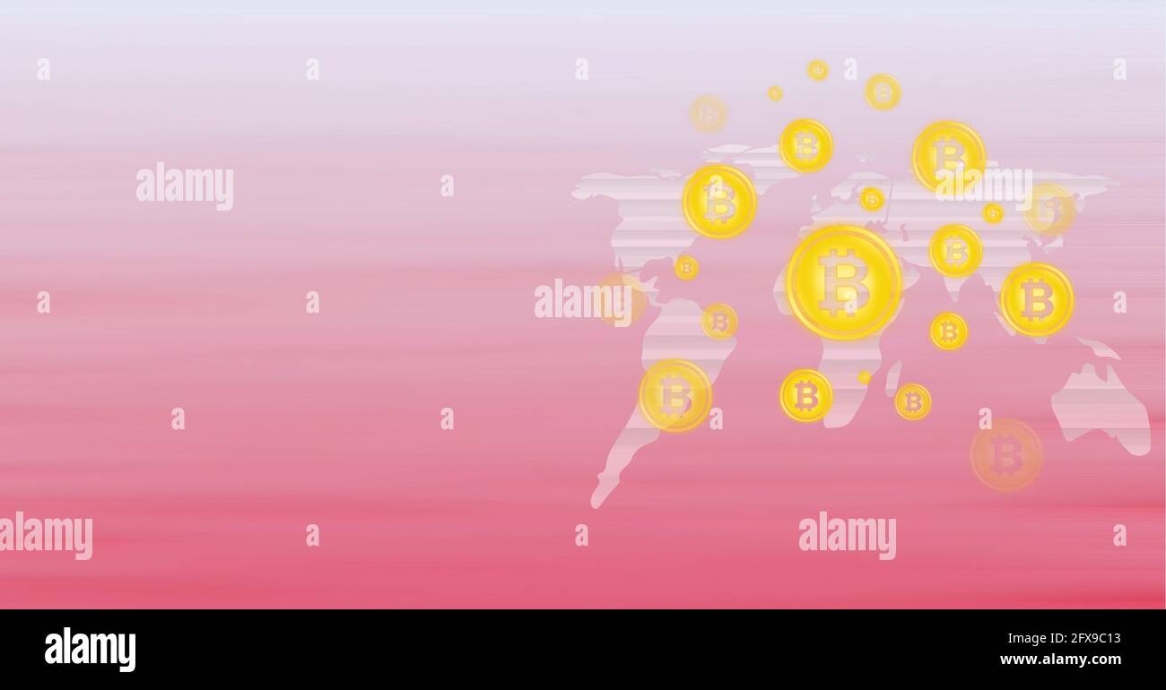 Zusammensetzung von Bitcoin-Symbolen über Verbindungen und Weltkarte auf Rosa Hintergrund Stockfoto