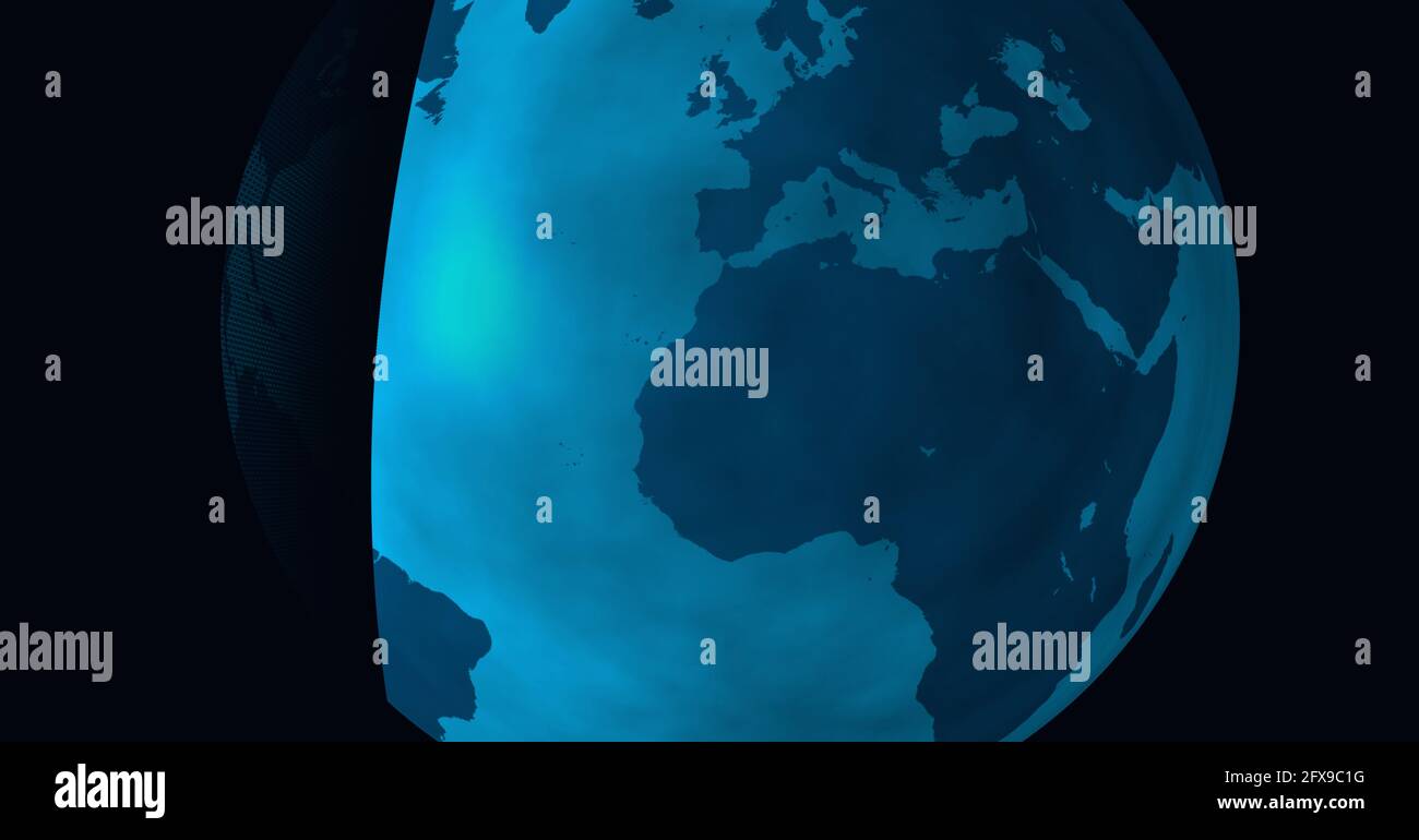 Komposition aus blauem Globus mit durchscheinendem Rand auf schwarzem Hintergrund Stockfoto