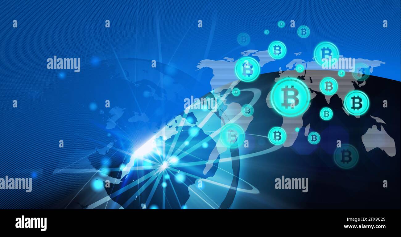 Zusammensetzung von Bitcoin-Symbolen über Verbindungen und Globus auf Blau Hintergrund Stockfoto