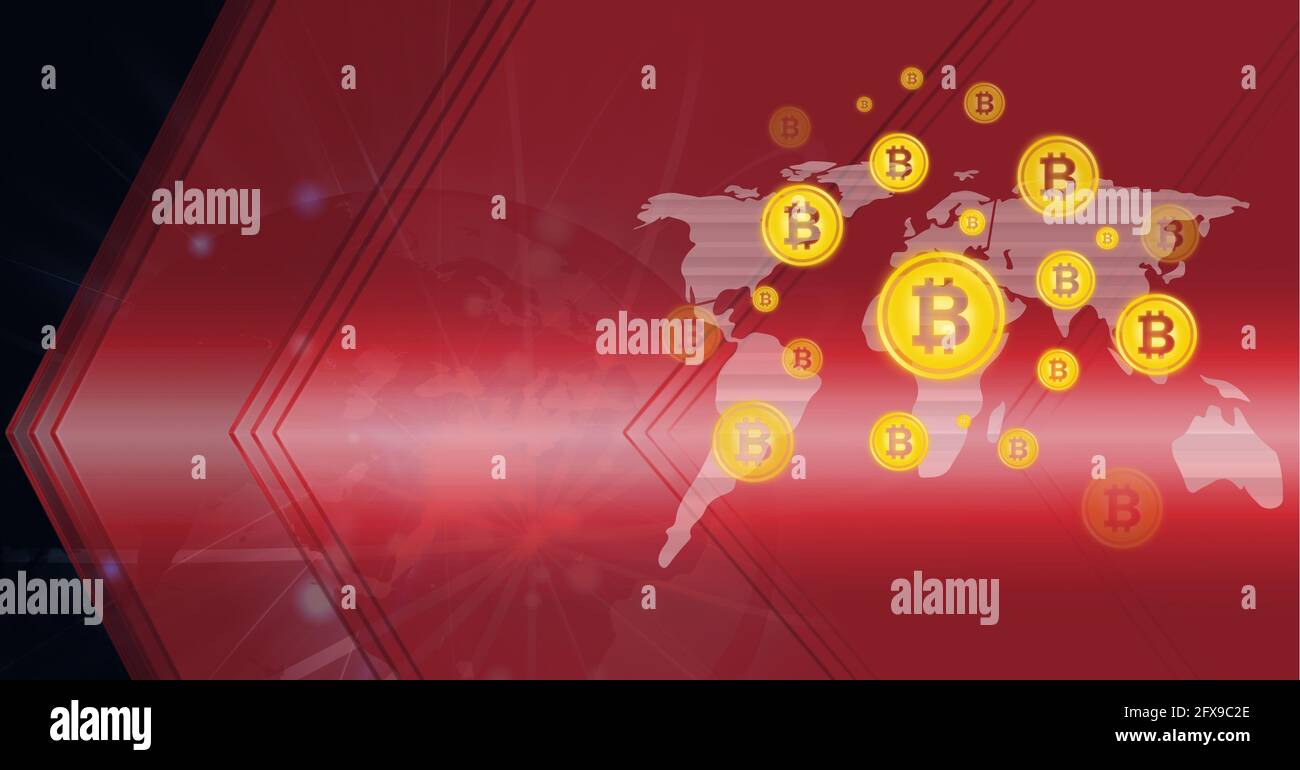 Zusammensetzung von Bitcoin-Symbolen über Verbindungen, Globus und Weltkarte auf rotem Hintergrund Stockfoto