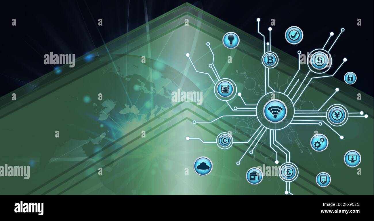 Zusammensetzung von Wifi- und Währungssymbolen über Verbindungen und Globus Auf grünem Hintergrund Stockfoto