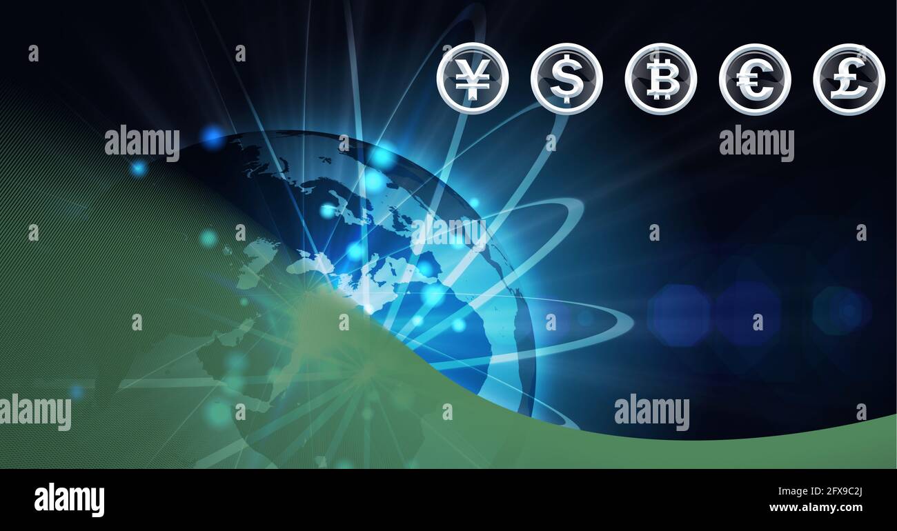 Zusammensetzung von Währungssymbolen über Verbindungen und Globus auf Blau Hintergrund Stockfoto