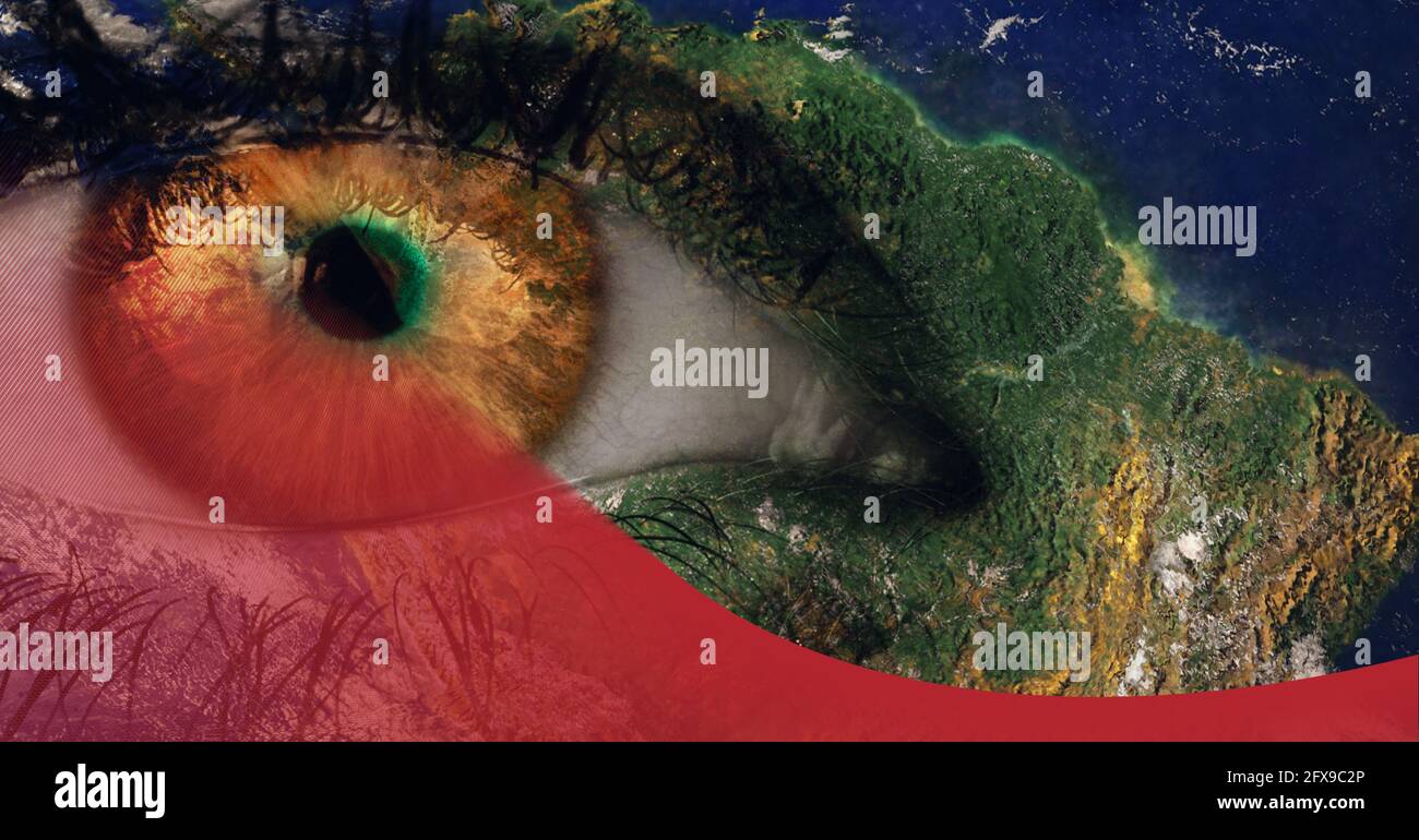 Zusammensetzung des Planeten Erde auf menschlichem Gesicht und rotem Hintergrund Stockfoto