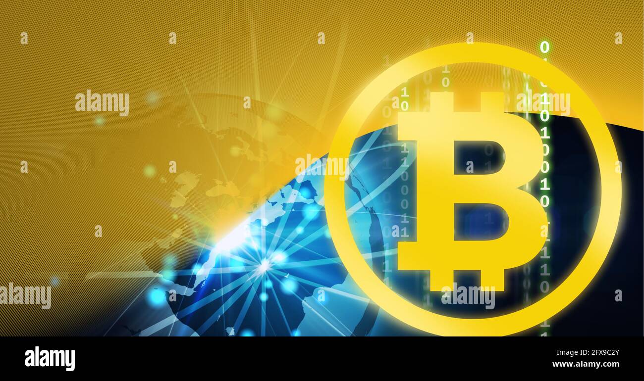 Zusammensetzung des Bitcoin-Symbols über Verbindungen und Globus auf Gelb Hintergrund Stockfoto