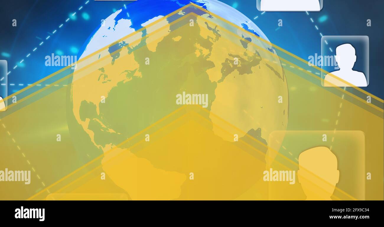 Zusammensetzung des Netzwerks von Menschen Ikonen auf der ganzen Welt mit gelb Pfeil auf blauem Hintergrund Stockfoto
