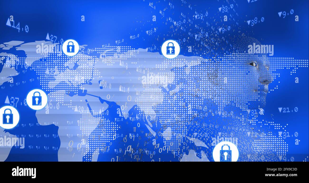 Zusammensetzung des Netzwerks aus digitalen Sicherheitssymbolen für Vorhängeschloss über Daten Und menschliche Büste Stockfoto