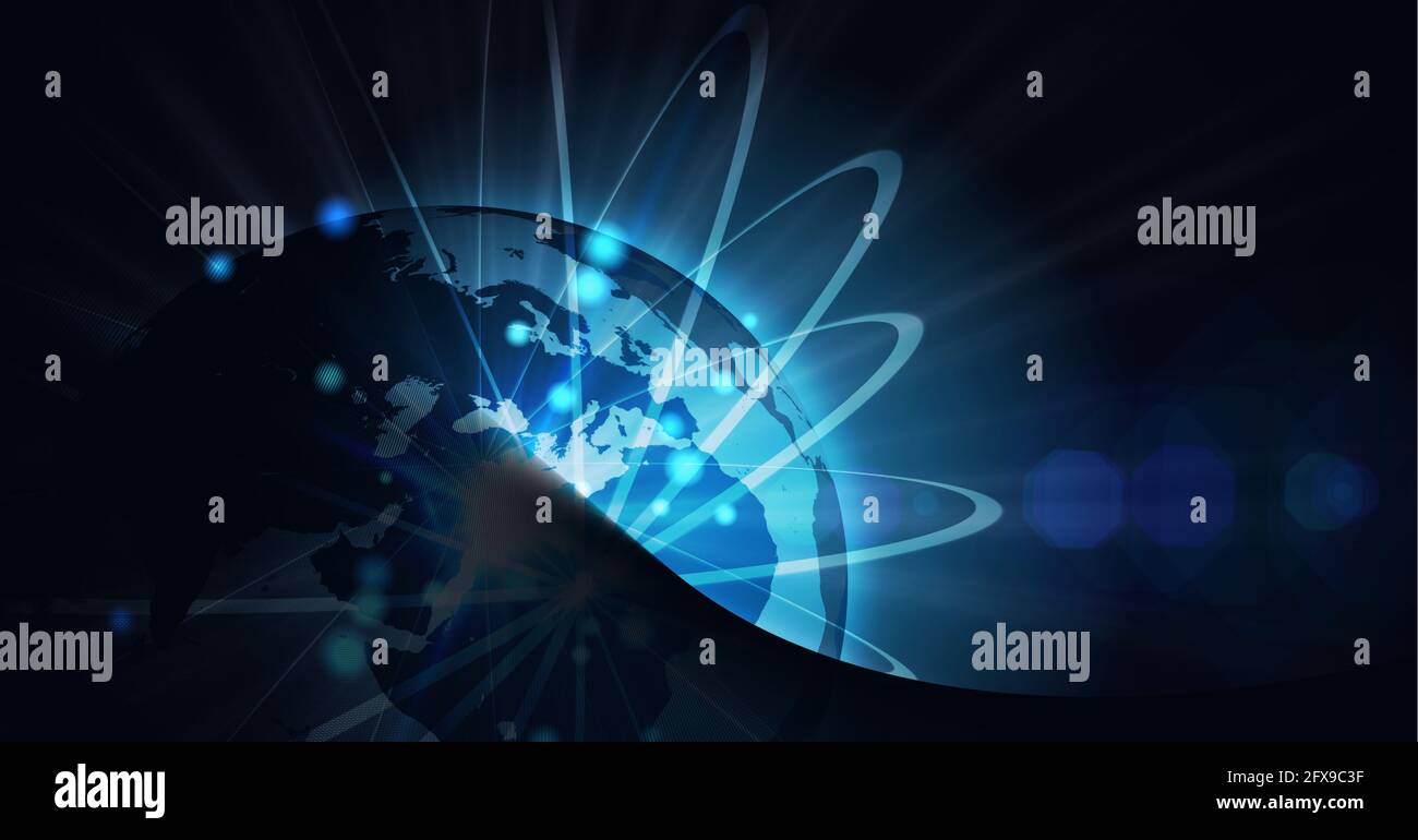 Zusammensetzung des Netzwerks von Verbindungen über glühenden Globus und blau Kante Stockfoto