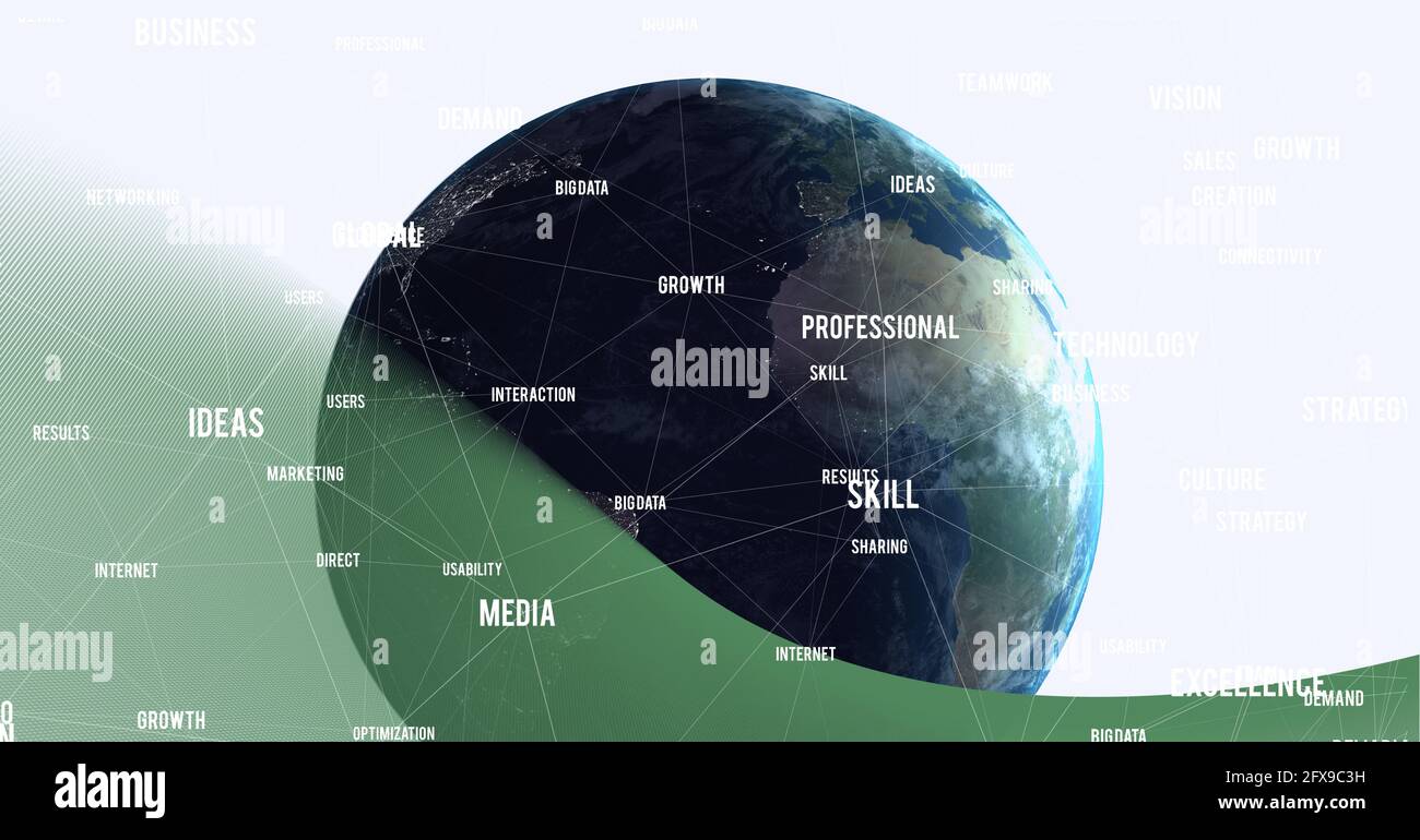 Aufbau eines Netzwerks von Verbindungen mit Geschäftstexten auf der ganzen Welt Auf Weiß Stockfoto