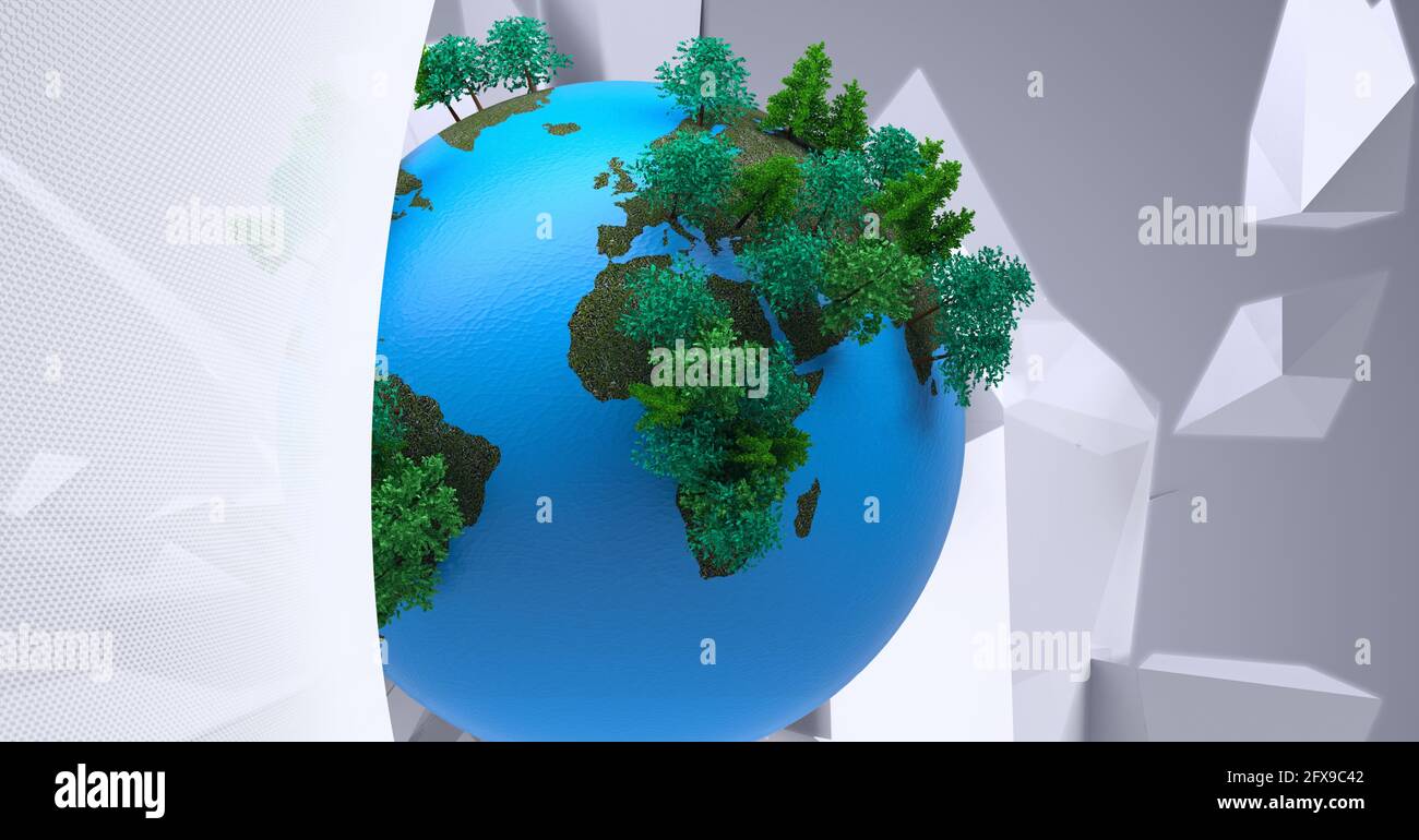 Komposition von Globus mit 3d grünen Bäumen zwischen schwebenden weißen Kristalle auf kaltgrau Stockfoto