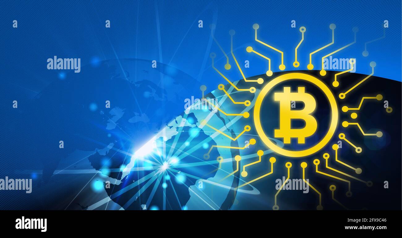 Zusammensetzung des Bitcoin-Symbols über Verbindungen und Globus auf Blau Hintergrund Stockfoto