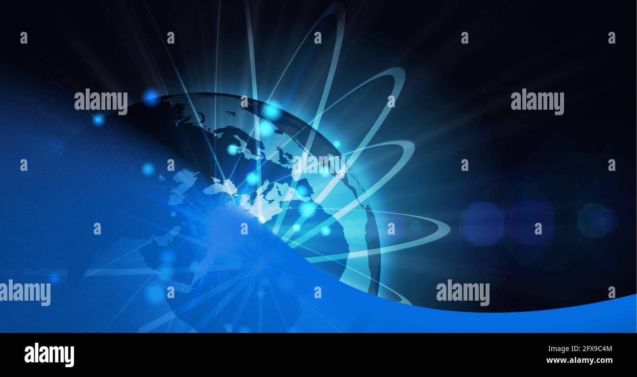 Zusammensetzung des Netzwerks von Verbindungen über glühenden Globus und blau Kante Stockfoto
