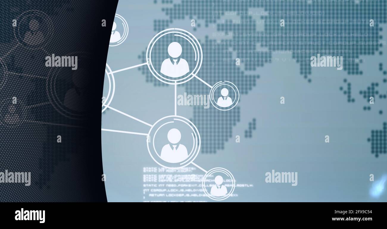 Zusammensetzung des Netzwerks von Menschen Symbole über Weltkarte auf Blauer Hintergrund Stockfoto