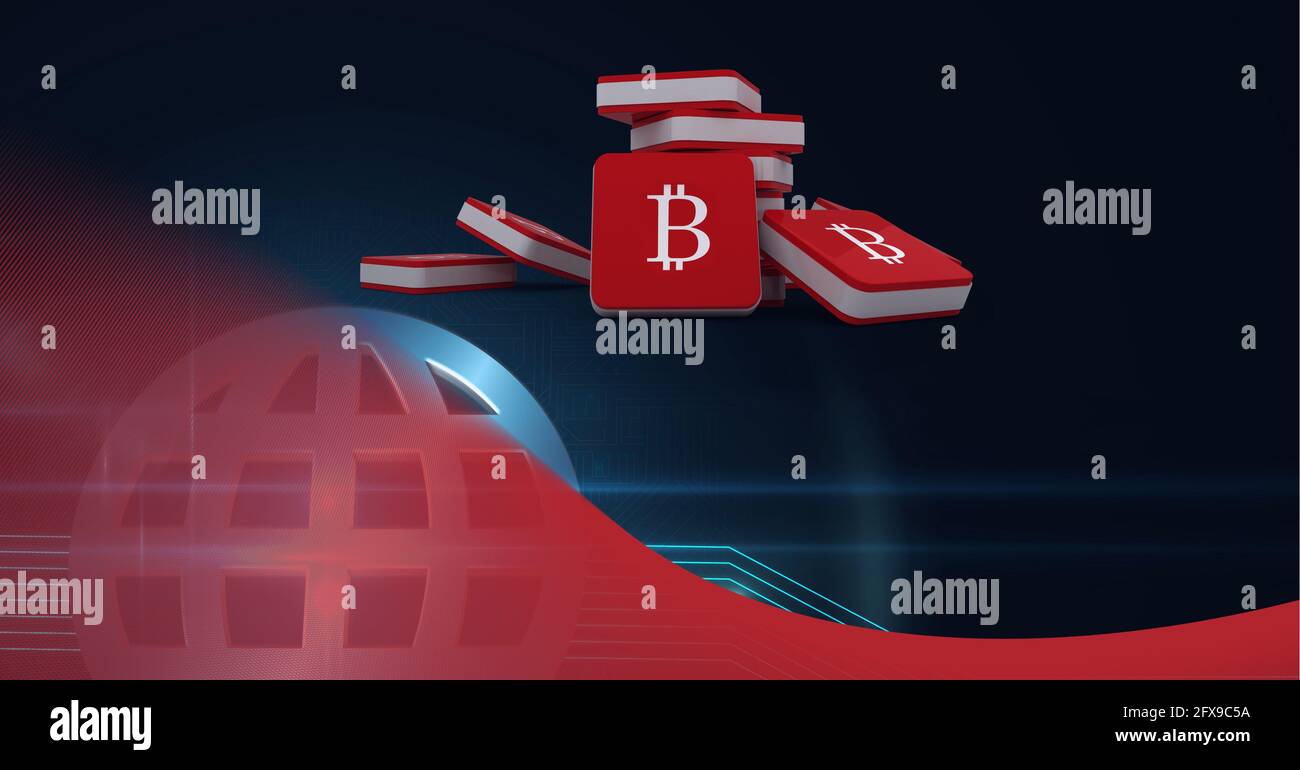 Zusammensetzung von Bitcoin-Symbolen auf roten Quadraten über dem Globus Blauer Hintergrund Stockfoto