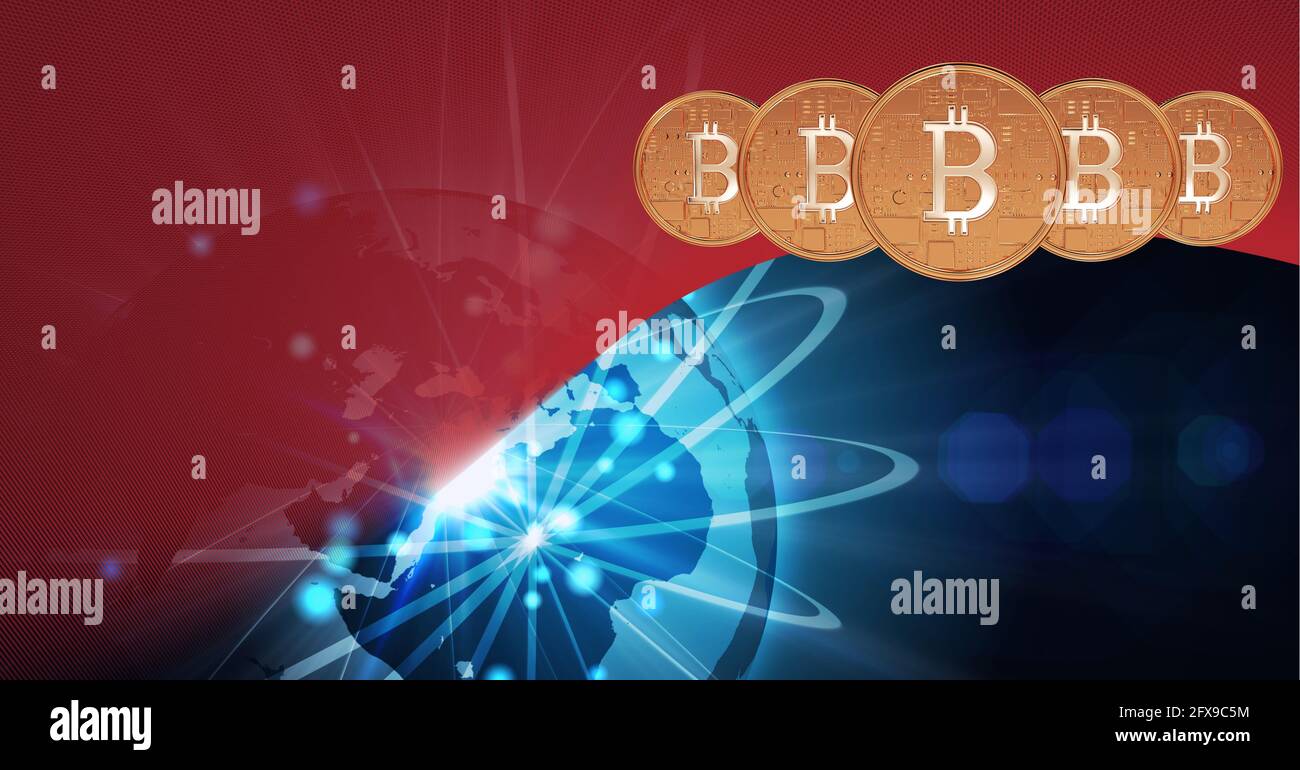 Zusammensetzung von Bitcoin-Symbolen über Verbindungen und Globus auf Rot Auf blauen Hintergrund Stockfoto