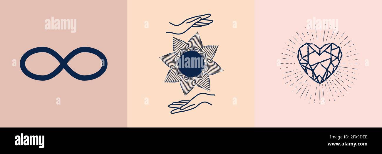 Satz mystischer Symbole für spirituelle Praktiken. Magische Hände halten Halbmond, Kristall, Zweig vor dem Hintergrund der Sterne Stock Vektor